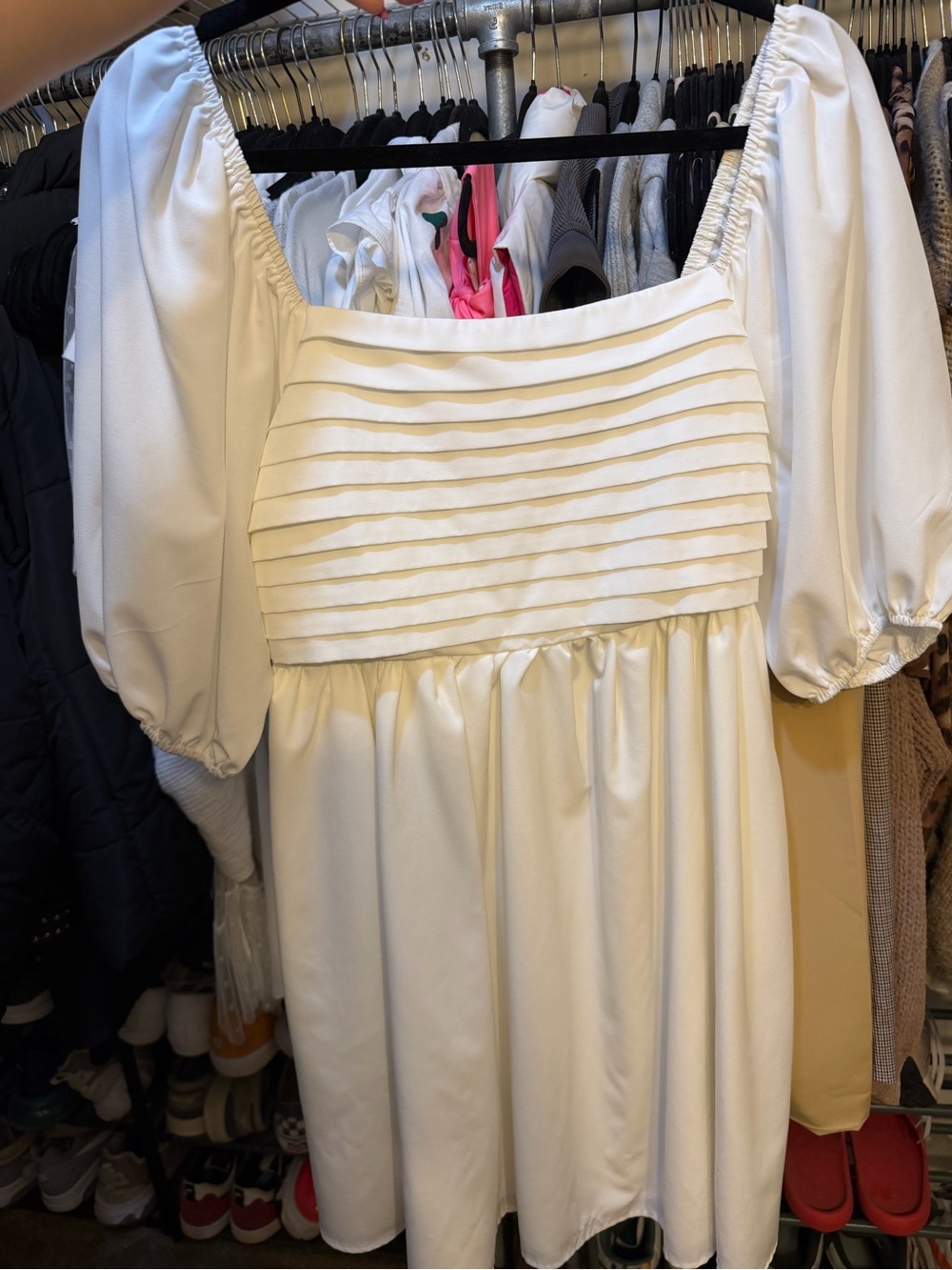 White Pleated Bodice Puff Sleeve Dress
